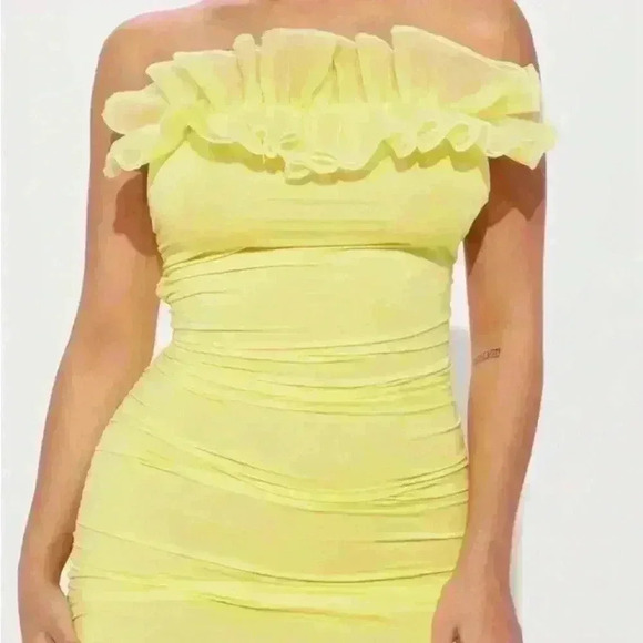NWT yellow fashion nova Sunday brunch Ruched Midi Dress sz medium M - Picture 3 of 10
